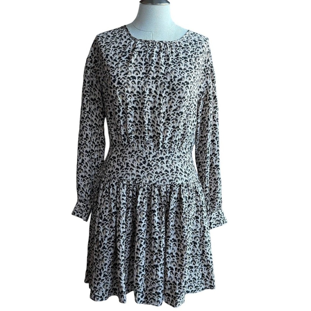 Rebecca Taylor Women's Black Animal Print‎ Silk Long Sleeve Mini Dress Size 4